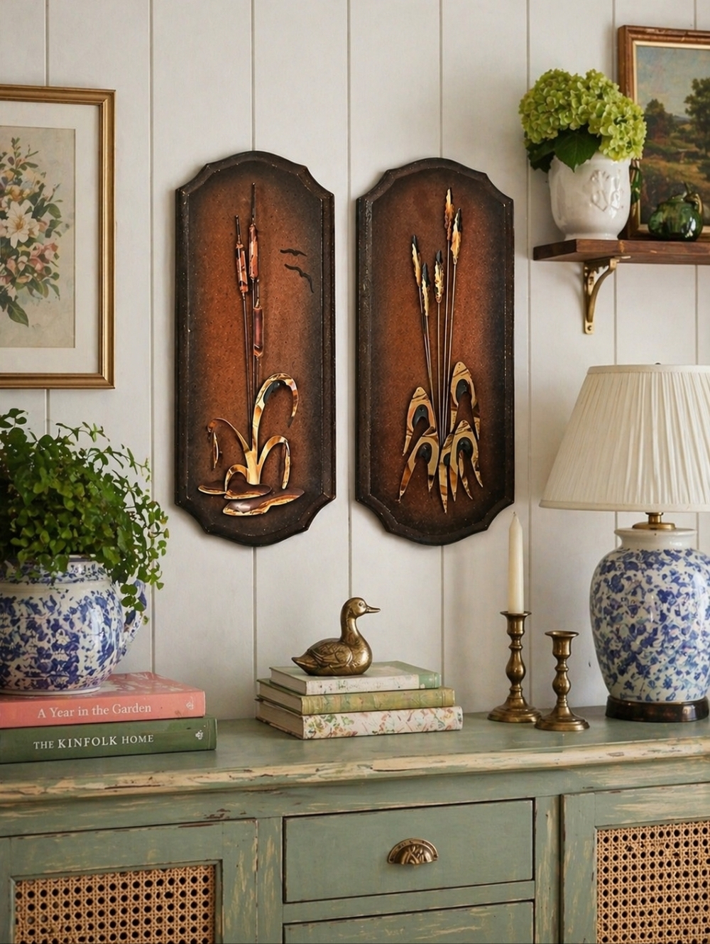 Vintage Mid Century Modern Copper Brass Wall Plaques Cattail Wheat Wood Set